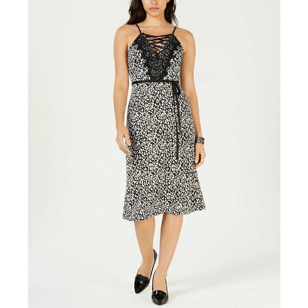 J.O.A. $99 NEW Black/White Lace-Up V-Neck Dress L